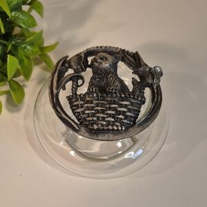 VINTAGE Glass Potpourri Jar With Decorative Cat In A Basket Metal Lid